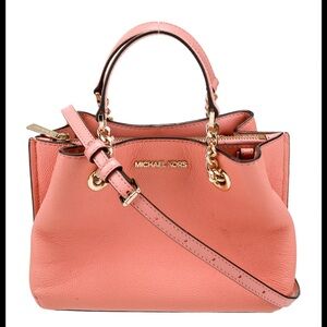 MICHAEL KORS CYNTHIA SMALL LEATHER SATCHEL CORAL LEATHER